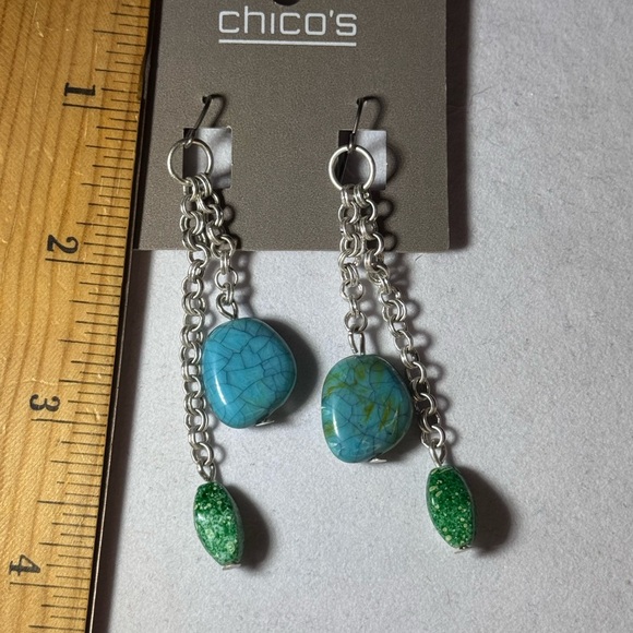 Chico’s Silver Tone Dangling Faux Aquamarine Earrings 3 inch approx - Picture 7 of 8